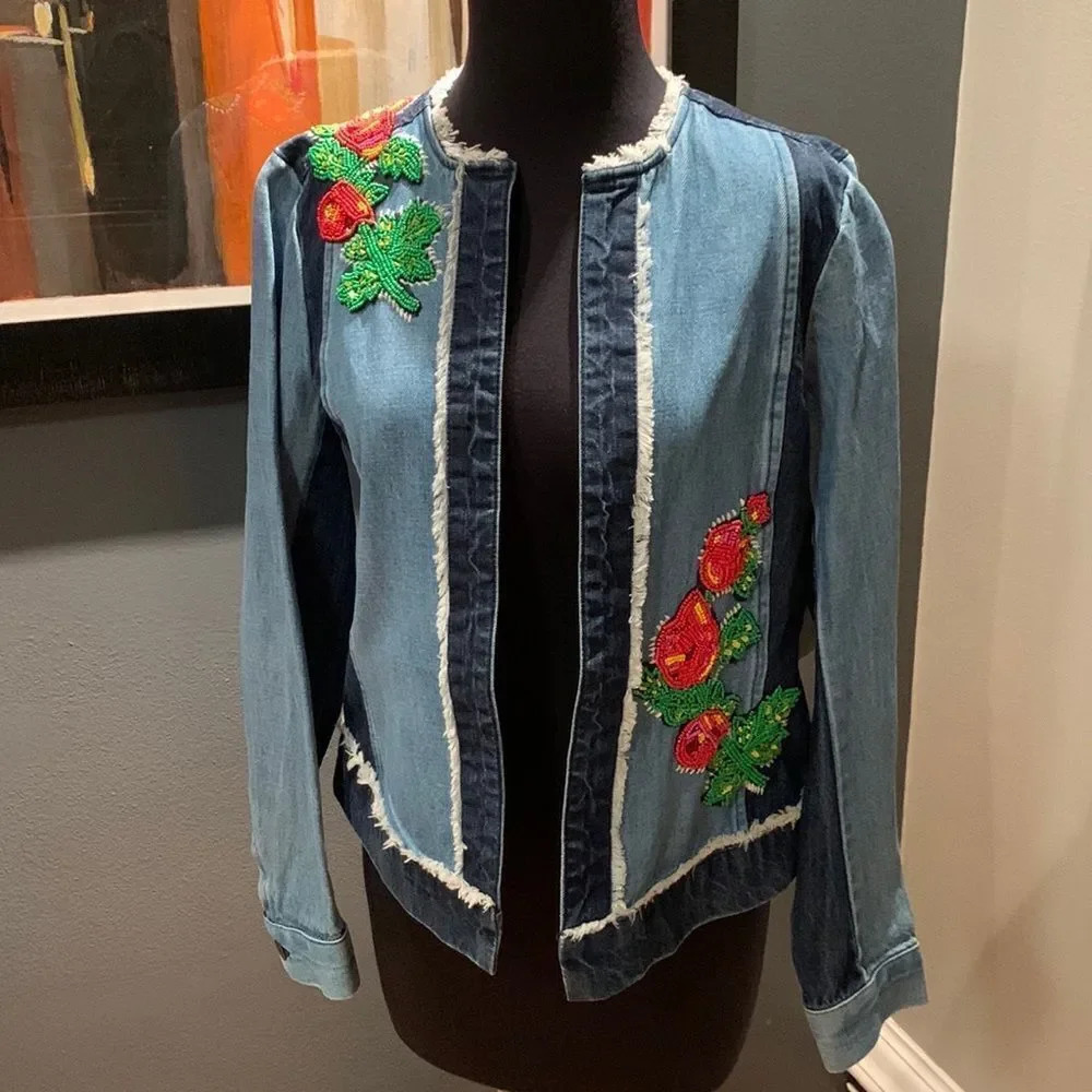 Relativity multi-tone em raw edge open front floral beaded jacket. NWT.  small.